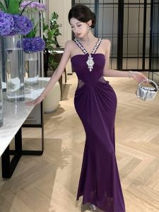 Elegant Lace Splicing Heavy Embellished Dress French Unique Beautiful Hanging Neck Dress Womens Fashion High Waist Fish Tail