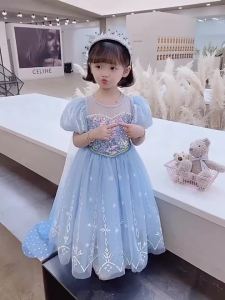 Xanh Dương Voan Đầm Công Chúa Bé Gái Nữ Hoàng Băng Giá Áo Choàng Trẻ Em Sinh Nhật Cosplay Elsa Trang Phục Chữ A Giữa Bắp Chân Cổ Tròn Tay Ngắn