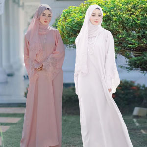 【Dress +Hijab 】Women Abaya Muslim Hijab Dress Lace Flower Sleeve Dress Middle East Dubai Long Dress Large Size Kaftan Maxi Dress Elegant Evening Dress