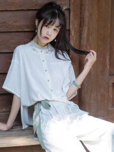 ชุดแฟชั่นฤดูร้อนสำหรับผู้หญิง ชุดกางเกงขายาวพิมพ์ลายจีนแบบใหม่ แขนสั้น คอโปโล ทรงหลวม สไตล์จีนโบราณ