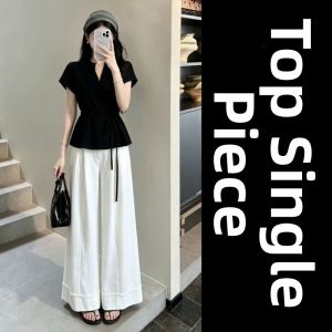 LIRUSHAN | Commuter Stylish Black V-Neck Short Sleeve Top And Wide Leg Pants Set