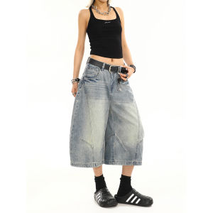 Retro American Decomposition Knife Edge Denim Shorts Women Summer New High Street Loose Wide Leg Mid-Length Casual Jeans