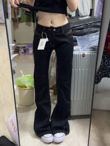 Low Waist Slim Fit Bell Bottom Denim Jeans Womens Fashion Models High Heels Black Wide Leg Pants Autumn Seasonal Wear