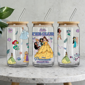 Disney | 1pc 16oz Disney Princess Borosilicate Glass Tumbler with Bamboo Lid & Straw Cute Summer Cup for Iced Coffee Juice Perfect Gift