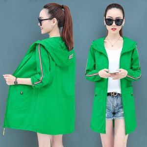 แจ็กเก็ตสตรีเสื้อแจ็กเก็ตมีฮู้ดความยาวปานกลางแบบบางระบายอากาศได้ดีลำลองกันแดดเวอร์ชันเกาหลีสำหรับฤดูร้อนปี5XL