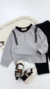 Set bộ tay dài họa tiết đai in kèm quần dài da cá cho bé trai size 1 đến 7 tuổi BERNIE 0524B03