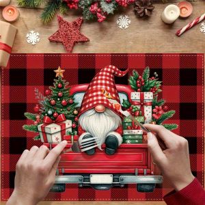 VIKAMA Giáng Sinh Placemats Thiết Kế Hình Gnome Ca Rô 4/6/8/10 Bộ Dành Cho Phòng Ăn Nhà Bếp Trang Trí Nhà Vải Lanh Chống Nước Đế Lót Ly