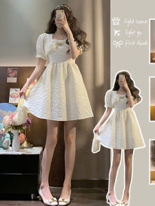 Váy Chữ a Màu Trắng Cổ Vuông Có Nơ Váy Công Chúa Mùa Hè Cho Nữ Váy Chữ a Ngắn Tay Ngắn Mùa Hè Phong Cách Hàn Quốc