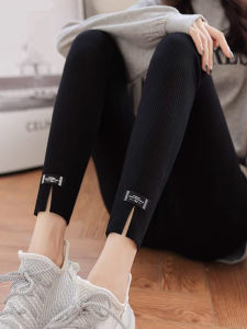 Black Fleece Lined Yoga Pants Womens Slim Fit Autumn Spring Outerwear Elastic Bottoming Trousers Long Polyester Blend