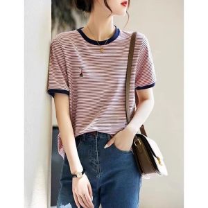Stylish Elegant New 2026 Spring Women T-Shirt French Design Striped Contrast Color Short Sleeve Round Neck Embroidered