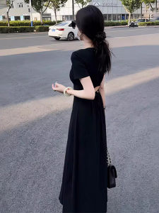 Slimming Short Sleeve Backless Pure Color Summer Dress French Hepburn Style High Waist A-Line Dress for plus Size Women