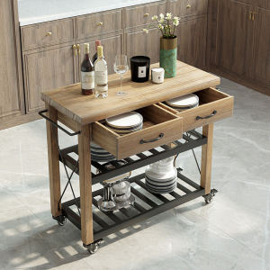 American Style Kitchen Island Cart Home Use Small Mobile Vehicle Retro Dining Room Cabinet Open Type Moving Operation Table Solid Wood Cooking Table