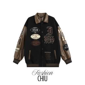 áo khoác bomber varsity áo khoác bóng chày chất dạ phối tay da hình thêu xù áo khoác bomber phối tay da