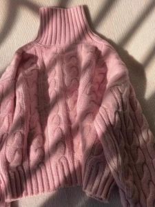 Trendy Short Pink Twist High Collar Sweater Womens Winter Thick Knitted Top Fashionable Commute Pure Color Loose Fit Long Sleeve