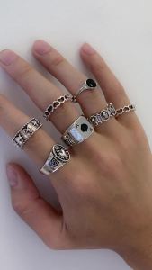 7Pcs/Set Goth Carved Heart Poker Antique Silver Color Rings for Men Vintage Geometric Knuckle Street Ring Accessories Steampunk