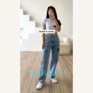 Celana Cargo Jeans Panjang - Celana Jeans Cargo Highwaist Korean Style - Celana Jeans Panjang - COD