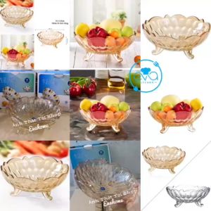 Dĩa Đựng Hoạ Quả Thuỷ Tinh Pha Lê Ánh Vàng Hoạ Tiết Chấm Bi Vàng 3 Chân Cao Cấp