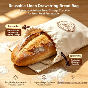 2026 Linen Bread Bag Reusable Drawstring Breathable Baguette Storage for Homemade Artisan Bread Fresh Keeper Eco Friendly
