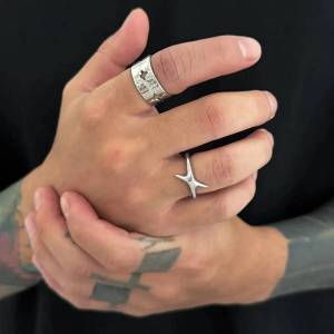 IngeSight.Z Punk Silver Color Cross Star Open Ring Women Men Trendy HipHop Metal Geometric Hollowout Finger Ring Jewelry Gifts