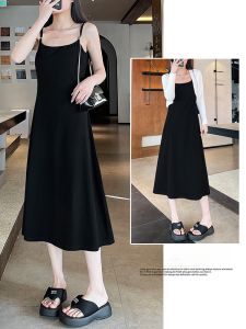 LANGPIN | Summer Soft Loose Black Dress Women Plus Size Elegant Strap A-Line Long Dress Skin-friendly High Waist Cotton Blend Dress
