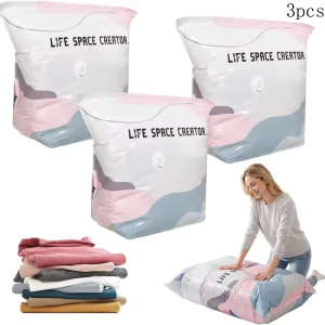 3PCS 3D Vacuum Storage Bags Vacuum Compression Bag Space Saving Pumpless Vacuum Storage Bags Waterproof Reusable Organizer