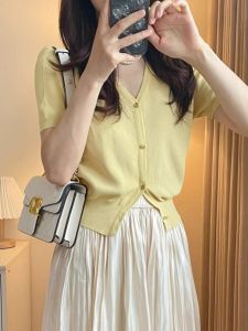 Classic Style Yellow Ice Silk Shoulder Knitting Cardigan Short Sleeve T-shirt Womens Summer New Slim V-neck Bottoming Shirt Tops