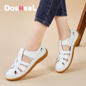 DOSREAL Flat Sandals For Women Leather Casual Gladiator Sandals Fashion Korean White Shoes Women Sandals Big Size 35-44 Flats Women Sandals