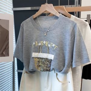 เสื้อยืดแขนสั้นผ้าฝ้ายลายกระถางไม้หลวมๆ สำหรับใส่อยู่บ้านในช่วงฤดูร้อนปี 2025 สำหรับผู้หญิงไซส์ใหญ่ ทรงหลวม ทรงหลวม ทรงหลวม