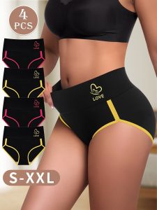 4pcs WomenS High-Waist Briefs - Elegant Solid Color & Contrast Trim Panties Comfortable Polyester Blend Machine Washable -