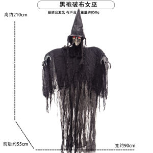 Halloween Black Robe Tattered Witch Hanging Ghost Decoration Electric Sensing Sound And Light Terror Props for Party Performance