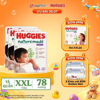 [30.7 QUÀ TẶNG ĐƠN 399K] Combo 3 Tã/Bỉm quần HUGGIES PLATINUM NatureMade XXL26 (Trên 15kg)-Gói Jumbo 26 miếng