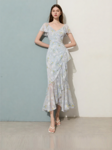D-PLAY | Resort French Style Blue V-Neck Waist Fitted Mermaid Dress