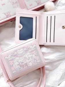 Cute Short Two-Fold Wallet Card Holder Multi-Slot Girls Purse Magnetic Shielding Document Bag Cartoon Pattern PU Leather