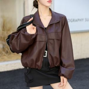 Haining Tannery Soft Leather Short Jacket Collar Stand up Lantern Sleeve Trendy Style Womens Casual Coat Spring Autumn