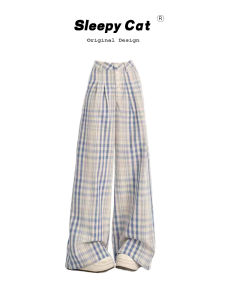 Quần Ống Rộng Kẻ Caro Phong Cách Mỹ Cổ Điển Cho Nữ Mùa Xuân 2025 Quần Dài Ống Đứng Cạp Cao Dáng Rộng Quần Công Sở Thường Ngày