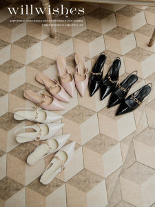 Fashionable French Mary Jane Shoes Womens Chain Toe Cap Half Open Single Shoes Pointed Toe Medium Heel Leather Inner Sole