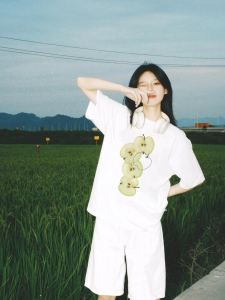 Pure Cotton Short Sleeve Loose Fit Womens T-Shirt Summer New Style Shoulder Width Regular Sleeve Length round Neck Print Design