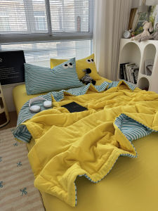Summer Cooling Quilt Set Student Dopaamine Yellow Stripe Towel Embroidered Four-Piece Set Teenage Girl Three-Piece Set