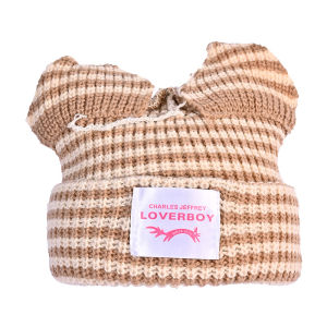 Cat Ears Wool Hat Womens Autumn and Winter Stripes Thickened Warm Knitted Ear Protector Hat Pig Ears Cartoon Cute Pullover Hat