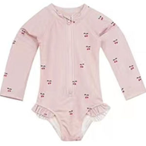 Girls Long Sleeve Onesie Swimsuit Quick Dry Sun Protection Swimming Cherry Floral Trim Cute Swimwear Summer Childrens Overall Suit