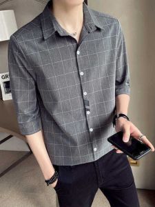 Summer Plaid Shirt Mens Short Sleeve Casual Handsome Seven Sleeve Cool Mens Half Sleeve Fashionable Casual Shirt