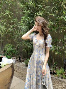 DENGLIULIU | French Retro Blue Flower Print Summer Waist-defining Slim Long Dress