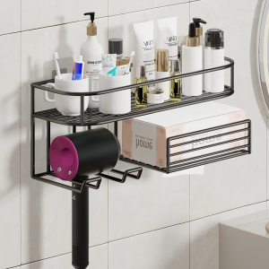 ตู้ครีมผมแบบติดผนัง เรียบหรู ใช้งานง่าย อุปกรณ์เสริมสำหรับเครื่องสำอางในห้องน้ำ ที่แขวนเครื่องฟอกผมแบบไม่ต้องเจาะ