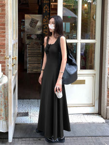 Slim Fit Knitted Summer Dress Womens Vacation Beachwear Tank Vest Long Skirt Elastic Waist High Waist A-Line Pure Color