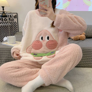 Bộ Đồ Ngủ Lông Cừu Coral Dày Dặn Mùa Thu Đông Cho Nữ Bộ Đồ Mặc Nhà Phong Cách Hoạt Hình Dễ Thương Dành Cho Học Sinh