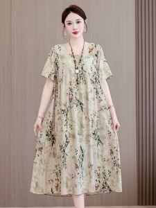 plus Size Cotton Silk Dress Casual Short Sleeve for Older Women Summer New Style Midi Skirt A-Line Silhouette Soft Draped Fabric