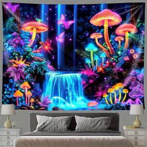 VIKAMA Bohemian Fluorescent Mushroom Waterfall Butterfly Photography Backdrop Wall Hanging Bedroom Wall Decor Tapestry