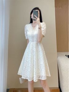 Elegant Lace A-Line Dress V-Neck Short Sleeve High Waist Slimming Summer New Arrival Womens Fashion Korean Style Midi Dress