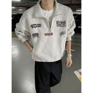 เสื้อสเวตเตอร์คอปกตั้งแบบมีซิปครึ่งตัวแบบลำลองสำหรับผู้ชาย ทรงหลวม ปกติ แขนยาว ปกติ ฤดูใบไม้ร่วง/ฤดูหนาว ผ้าขนแกะ ผ้าฝ้าย ผ้ากำมะหยี่