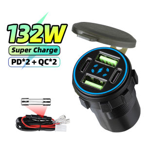4 Port 12V USB C Outlet Car Charger 132W Fast Charge Dual PD3.0 & QC3.0 for Car Marine Boat Motorcycle Socket
